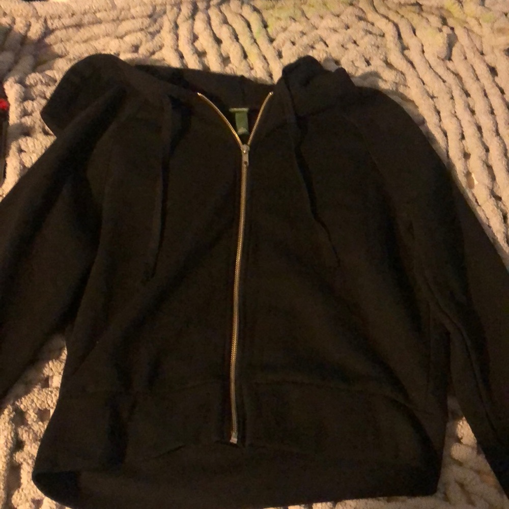 Classic black zip up hoodie.